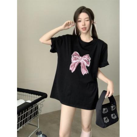 BY14093# 韩版夏季洋气ins风甜美减龄蝴蝶结印花圆领大版短袖T恤 服裝批發女裝批發服飾貨源