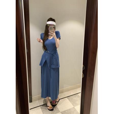 BY14095# U领短袖连衣裙两穿屁帘休闲修身连衣裙长裙针织裙 服裝批發女裝批發服飾貨源