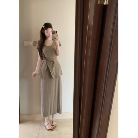 BY14095# U领短袖连衣裙两穿屁帘休闲修身连衣裙长裙针织裙 服裝批發女裝批發服飾貨源