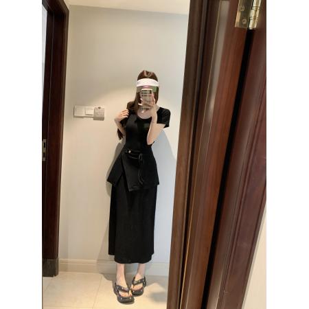 BY14095# U领短袖连衣裙两穿屁帘休闲修身连衣裙长裙针织裙 服裝批發女裝批發服飾貨源