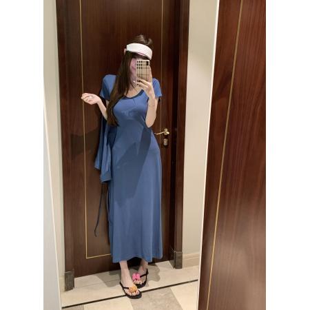 BY14095# U领短袖连衣裙两穿屁帘休闲修身连衣裙长裙针织裙 服裝批發女裝批發服飾貨源