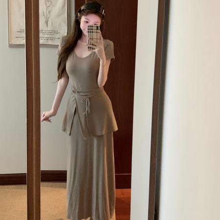 BY14095# U领短袖连衣裙两穿屁帘休闲修身连衣裙长裙针织裙 服裝批發女裝批發服飾貨源