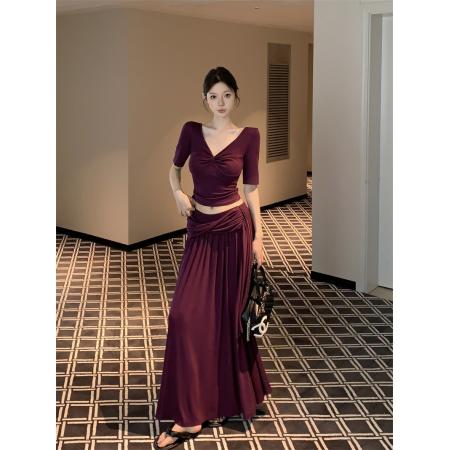 BY14096# V领设计感扭结上衣女夏季韩系休闲气质修身包臀裙两件套 服裝批發女裝批發服飾貨源