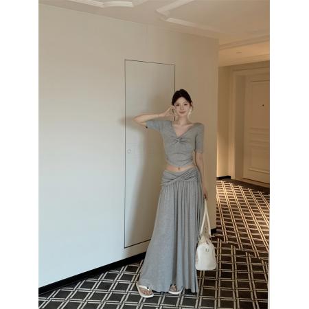 BY14096# V领设计感扭结上衣女夏季韩系休闲气质修身包臀裙两件套 服裝批發女裝批發服飾貨源