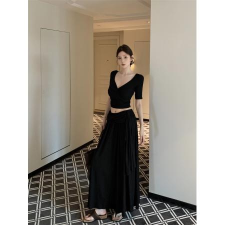 BY14096# V领设计感扭结上衣女夏季韩系休闲气质修身包臀裙两件套 服裝批發女裝批發服飾貨源