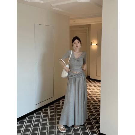 BY14096# V领设计感扭结上衣女夏季韩系休闲气质修身包臀裙两件套 服裝批發女裝批發服飾貨源