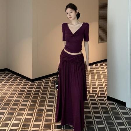 BY14096# V领设计感扭结上衣女夏季韩系休闲气质修身包臀裙两件套 服裝批發女裝批發服飾貨源