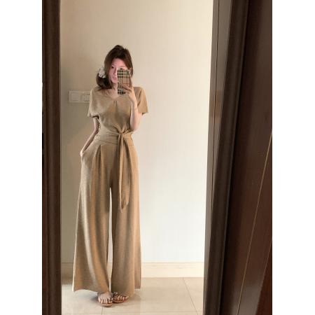 BY14099# 时尚绑带收腰套装百搭V领显瘦上衣+阔腿裤两件套装 服裝批發女裝批發服飾貨源
