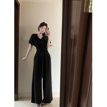 BY14099# 时尚绑带收腰套装百搭V领显瘦上衣+阔腿裤两件套装 服裝批發女裝批發服飾貨源