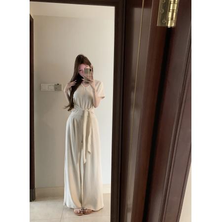 BY14099# 时尚绑带收腰套装百搭V领显瘦上衣+阔腿裤两件套装 服裝批發女裝批發服飾貨源