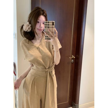 BY14099# 时尚绑带收腰套装百搭V领显瘦上衣+阔腿裤两件套装 服裝批發女裝批發服飾貨源