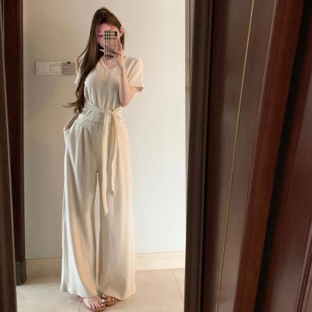 BY14099# 时尚绑带收腰套装百搭V领显瘦上衣+阔腿裤两件套装 服裝批發女裝批發服飾貨源