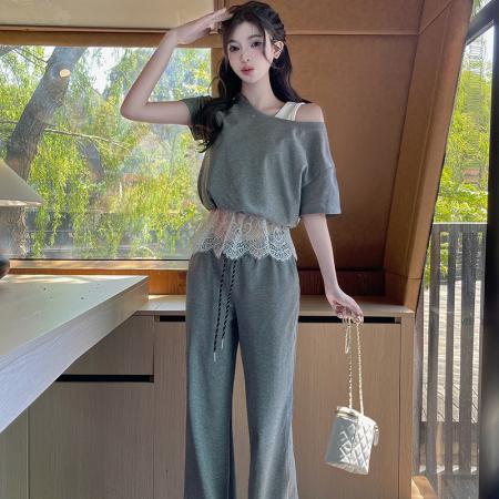 BY14106# 夏季蕾丝休闲日常百搭假两件上衣高腰阔腿裤两件套 服裝批發女裝批發服飾貨源