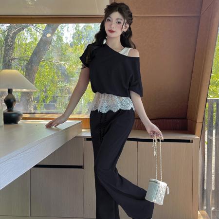 BY14106# 夏季蕾丝休闲日常百搭假两件上衣高腰阔腿裤两件套 服裝批發女裝批發服飾貨源
