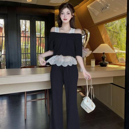BY14106# 夏季蕾丝休闲日常百搭假两件上衣高腰阔腿裤两件套 服裝批發女裝批發服飾貨源