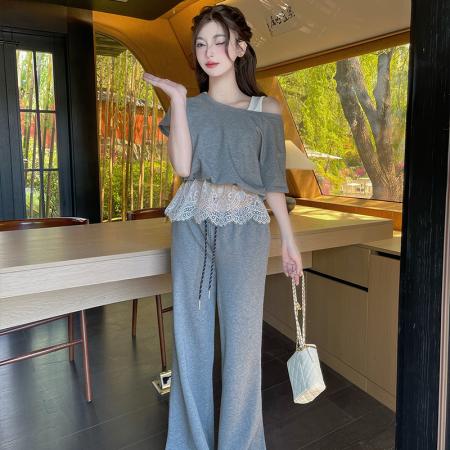 BY14106# 夏季蕾丝休闲日常百搭假两件上衣高腰阔腿裤两件套 服裝批發女裝批發服飾貨源