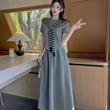 BY14110# 夏季休闲百搭短袖条纹披肩简约时尚半身裙套装三件套 服裝批發女裝批發服飾貨源