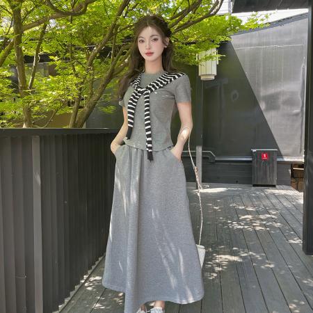 BY14110# 夏季休闲百搭短袖条纹披肩简约时尚半身裙套装三件套 服裝批發女裝批發服飾貨源