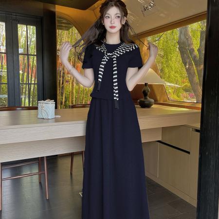 BY14110# 夏季休闲百搭短袖条纹披肩简约时尚半身裙套装三件套 服裝批發女裝批發服飾貨源