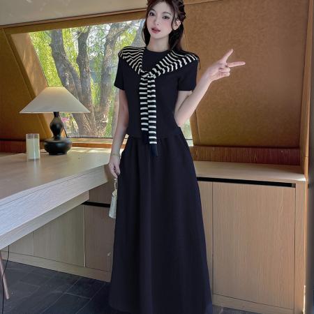 BY14110# 夏季休闲百搭短袖条纹披肩简约时尚半身裙套装三件套 服裝批發女裝批發服飾貨源