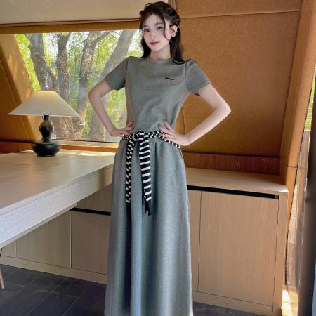 BY14110# 夏季休闲百搭短袖条纹披肩简约时尚半身裙套装三件套 服裝批發女裝批發服飾貨源