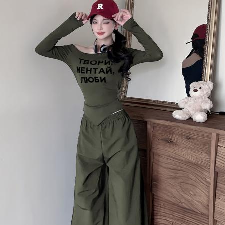 BY14112# 春款穿搭一整套新款时尚休闲斜肩字母上衣阔腿裤两件套装 服裝批發女裝批發服飾貨源