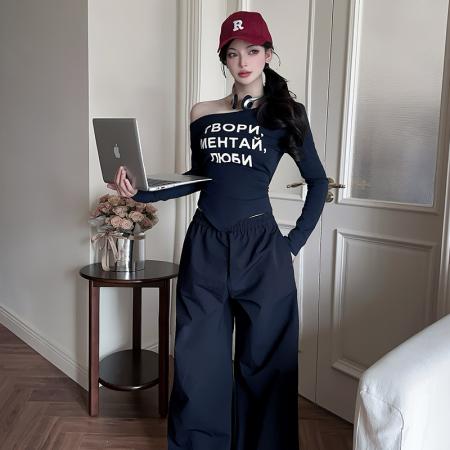 BY14112# 春款穿搭一整套新款时尚休闲斜肩字母上衣阔腿裤两件套装 服裝批發女裝批發服飾貨源