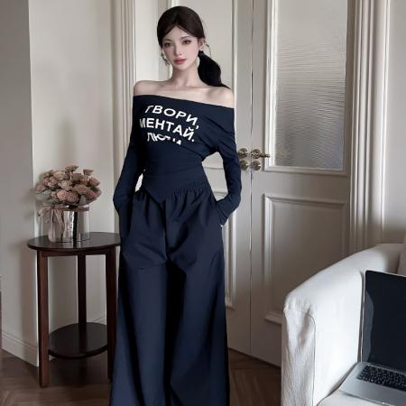 BY14112# 春款穿搭一整套新款时尚休闲斜肩字母上衣阔腿裤两件套装 服裝批發女裝批發服飾貨源