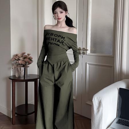 BY14112# 春款穿搭一整套新款时尚休闲斜肩字母上衣阔腿裤两件套装 服裝批發女裝批發服飾貨源