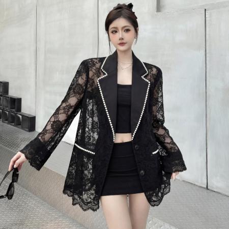 BY14113# 高级感珍珠蕾丝拼接垫肩款西装夏季镂空气质显瘦西服外套 服裝批發女裝批發服飾貨源