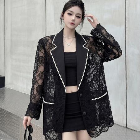 BY14113# 高级感珍珠蕾丝拼接垫肩款西装夏季镂空气质显瘦西服外套 服裝批發女裝批發服飾貨源