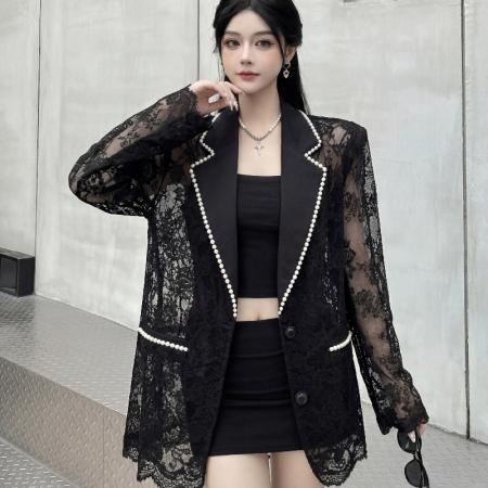 BY14113# 高级感珍珠蕾丝拼接垫肩款西装夏季镂空气质显瘦西服外套 服裝批發女裝批發服飾貨源