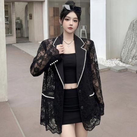 BY14113# 高级感珍珠蕾丝拼接垫肩款西装夏季镂空气质显瘦西服外套 服裝批發女裝批發服飾貨源