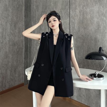 BY14115# 新款干练通勤风西装领钉钻双排扣马夹女宽松中长上衣 服裝批發女裝批發服飾貨源