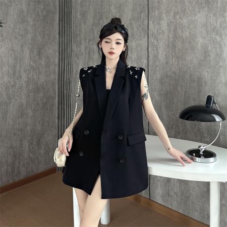 BY14115# 新款干练通勤风西装领钉钻双排扣马夹女宽松中长上衣 服裝批發女裝批發服飾貨源