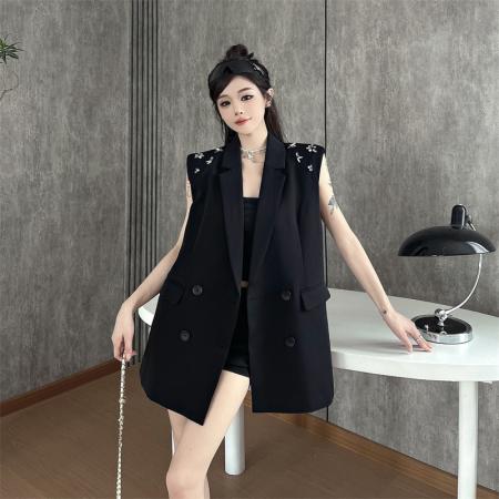 BY14115# 新款干练通勤风西装领钉钻双排扣马夹女宽松中长上衣 服裝批發女裝批發服飾貨源
