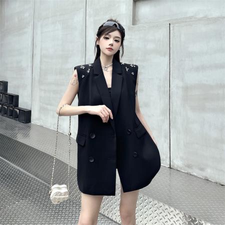 BY14115# 新款干练通勤风西装领钉钻双排扣马夹女宽松中长上衣 服裝批發女裝批發服飾貨源