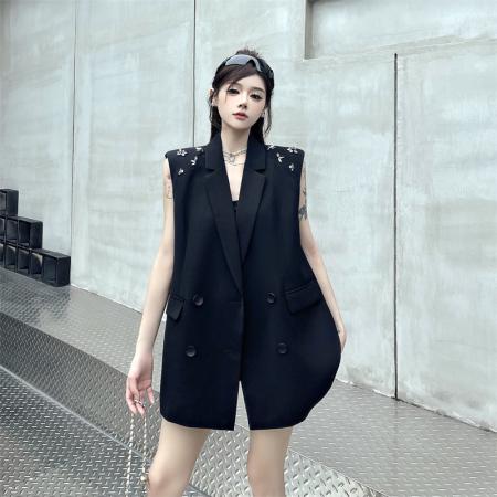 BY14115# 新款干练通勤风西装领钉钻双排扣马夹女宽松中长上衣 服裝批發女裝批發服飾貨源