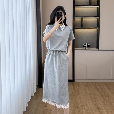 BY14118# 灰色轻熟风套装裙女夏季新款韩版蕾丝POLO领上衣半身裙两件套 服裝批發女裝批發服飾貨源