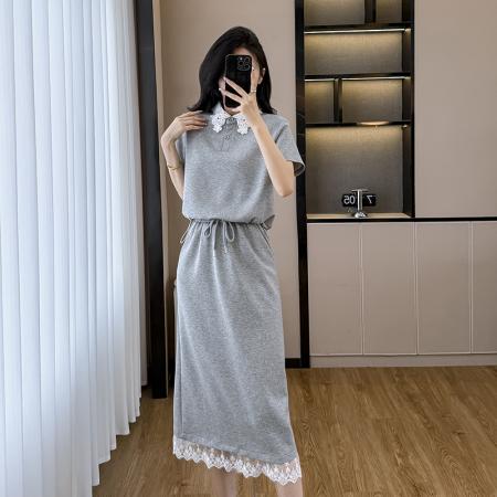 BY14118# 灰色轻熟风套装裙女夏季新款韩版蕾丝POLO领上衣半身裙两件套 服裝批發女裝批發服飾貨源