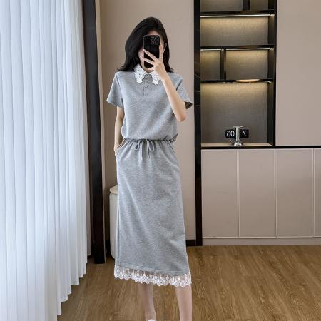BY14118# 灰色轻熟风套装裙女夏季新款韩版蕾丝POLO领上衣半身裙两件套 服裝批發女裝批發服飾貨源