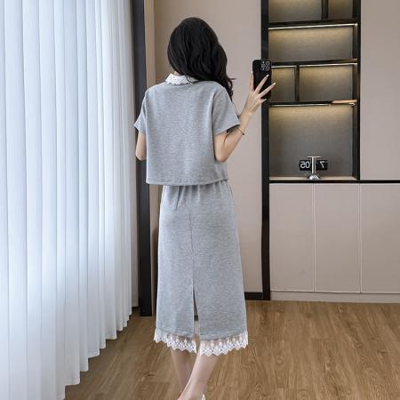 BY14118# 灰色轻熟风套装裙女夏季新款韩版蕾丝POLO领上衣半身裙两件套 服裝批發女裝批發服飾貨源