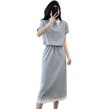 BY14118# 灰色轻熟风套装裙女夏季新款韩版蕾丝POLO领上衣半身裙两件套 服裝批發女裝批發服飾貨源