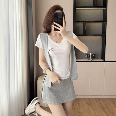 BY14119# 夏季新款套装女配披肩小马V领短袖T恤+半身裤裙减龄三件套潮 服裝批發女裝批發服飾貨源