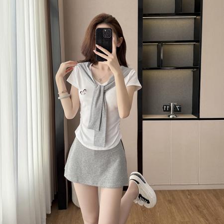 BY14119# 夏季新款套装女配披肩小马V领短袖T恤+半身裤裙减龄三件套潮 服裝批發女裝批發服飾貨源