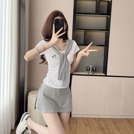 BY14119# 夏季新款套装女配披肩小马V领短袖T恤+半身裤裙减龄三件套潮 服裝批發女裝批發服飾貨源