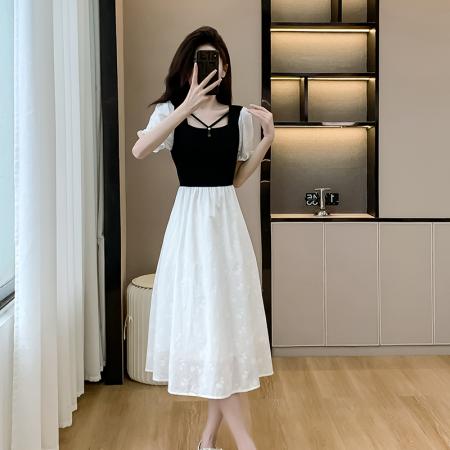 BY14123# 夏装假两件收腰显瘦方领连衣裙女气质优雅赫本风简约设计感中长裙 服裝批發女裝批發服飾貨源