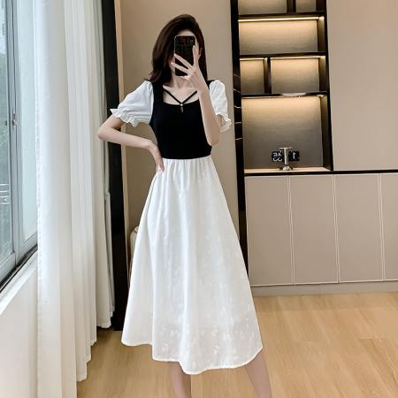 BY14123# 夏装假两件收腰显瘦方领连衣裙女气质优雅赫本风简约设计感中长裙 服裝批發女裝批發服飾貨源