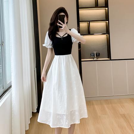 BY14123# 夏装假两件收腰显瘦方领连衣裙女气质优雅赫本风简约设计感中长裙 服裝批發女裝批發服飾貨源