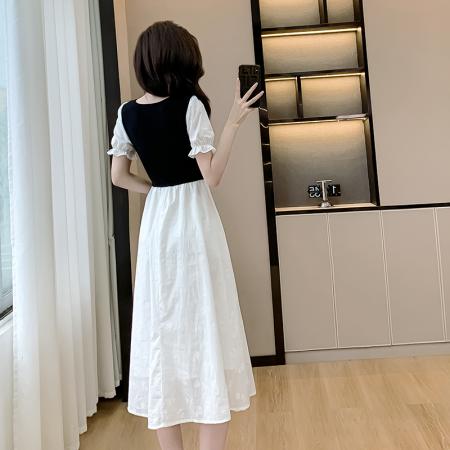 BY14123# 夏装假两件收腰显瘦方领连衣裙女气质优雅赫本风简约设计感中长裙 服裝批發女裝批發服飾貨源